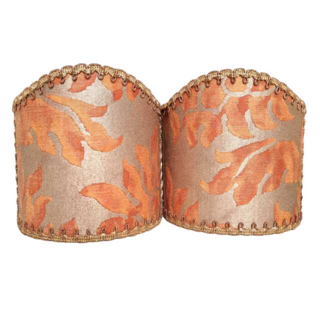 Pair Of Wall Sconce Clip-On Shield Shades Fortuny Fabric Burnt Apricot & Silvery Gold Barberini Pattern Half Lampshade - Handmade in Italy - image 1