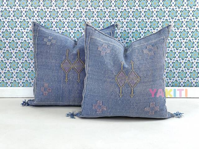 Yakiti-Light Blue Square Moroccan Pillows 20x20, Aka Cactus Silk Pillow, Decorative Pillows, Sabra Pillows, Moroccan Decor Designer Cactus - image 1