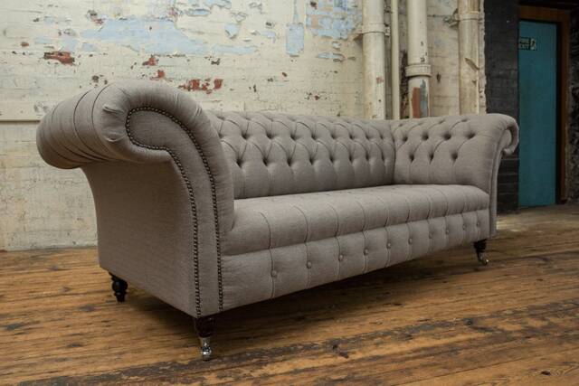 Handmade 3 Seater Warm Grey Herringbone Wool Fabric Chesterfield Sofa - Other Colours + - image 1