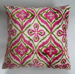 Pink Silk Velvet Cushion Cover, Turkish Jacquard Cushion, Ikat Decorative Pillowcase 16''x16''/40x40 cm