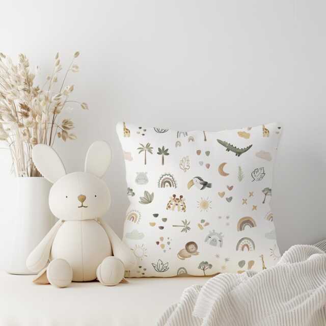 Little Doodle Safari Pillow, Kids Square Throw Pillow Decor, Children's Room Decor, Cotbed Bedding, Throw