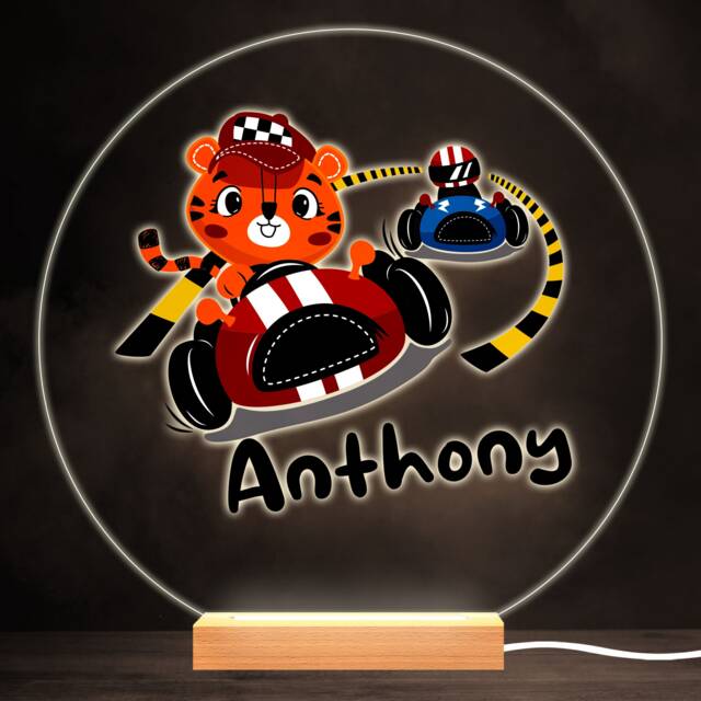 Tiger Driving Racing Car Colourful Round Personalised Gift Led Lamp Night Light - Bedroom - image 1