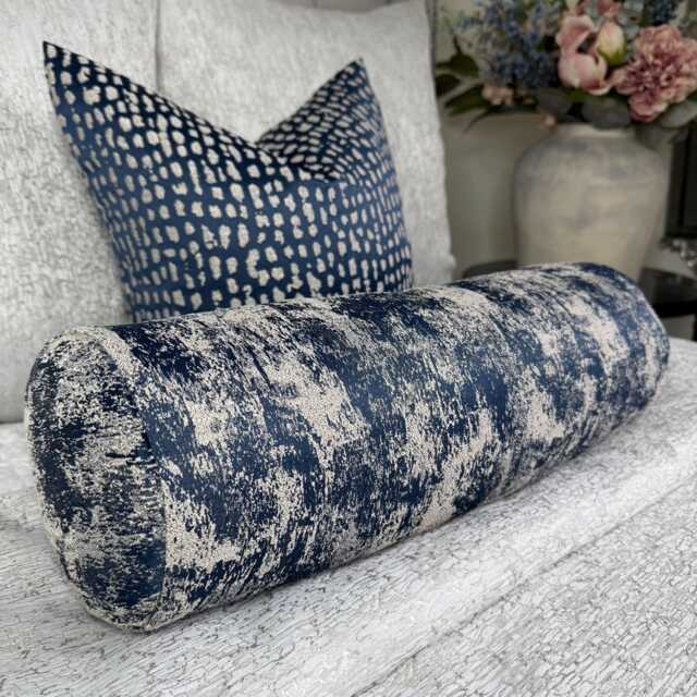 Decorative Navy Bolster Cushion 16x6 Curico Ink Ashley Wilde Luxury Pillow Handmade UK Kk Pearl Decor - image 1