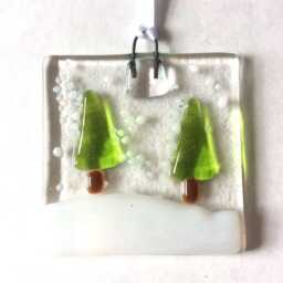 Christmas Tree Decoration Fused Glass Handmade Bauble Trees in The Snow Hanging Ornament 5cm Square - thumbnail 4