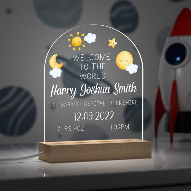Personalised Moon Star Cloud Night Light, New Baby Gift, Nursery Newborn Neutral Nursery, Welcome To The World - image 1
