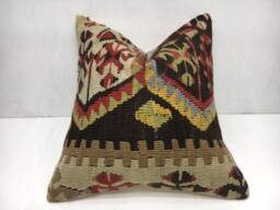 Vintage Turkish Kilim Pillow, Bohemian Handwoven Throw, 16x16 - thumbnail 1