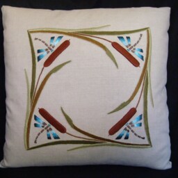 Hand Embroidered, Arts & Crafts, Craftsman, Cattails Dragonflies Pillow - thumbnail 2