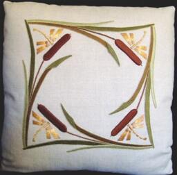 Hand Embroidered, Arts & Crafts, Craftsman, Cattails Dragonflies Pillow