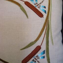 Hand Embroidered, Arts & Crafts, Craftsman, Cattails Dragonflies Pillow - thumbnail 3