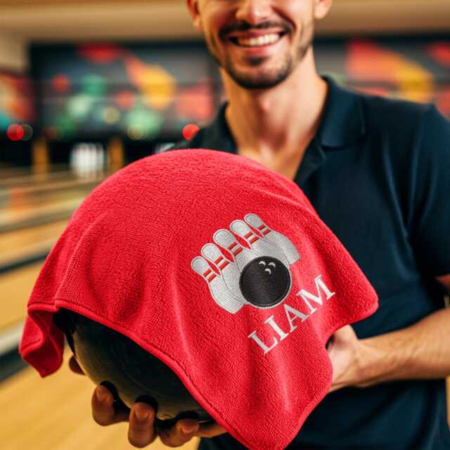 Personalised Bowling Towel - Custom Embroidered Name & Ball Design Gift For Bowlers & Team Players - image 1
