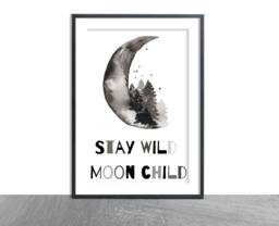 stay Wild Moon Child - Phase Full Moon Half Black & Grey Watercolour Nursery Childrens Bedroom Decor Spirit - thumbnail 1