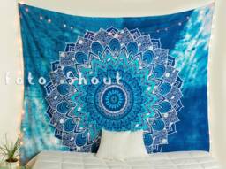 Turquoise Blue Ombre Mandala Tapestry, Boho Style Room Decor