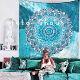 Turquoise Blue Ombre Mandala Tapestry, Boho Style Room Decor - thumbnail 4