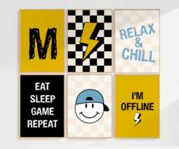 Boys Room, Gaming Prints, Retro Style, Teen Gallery Wall Set, Set Of 6, Cool Kids Print, Checkerboard, Smiley Face - thumbnail 1