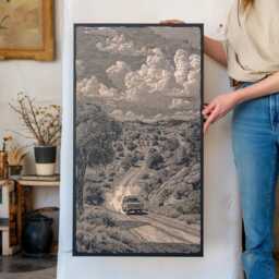 Desert Road Trip Engraved Birch Wood Panel - Arizona Offroad Suv Wall Art, Adventure Nature Scene Illustration, Southwestern Home Decor Gift - thumbnail 2