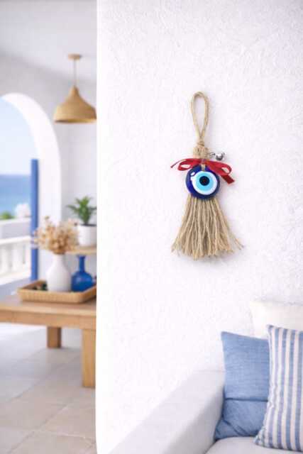 Evil Eye Broom Wall Hanging Jute Cord, Metal Bell, Greek Decor - image 1