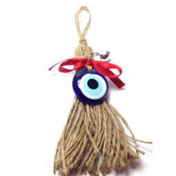 Evil Eye Broom Wall Hanging Jute Cord, Metal Bell, Greek Decor - thumbnail 3