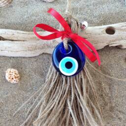Evil Eye Broom Wall Hanging Jute Cord, Metal Bell, Greek Decor - thumbnail 2