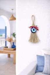 Evil Eye Broom Wall Hanging Jute Cord, Metal Bell, Greek Decor - thumbnail 1