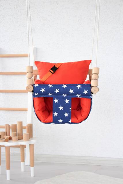 Handmade Baby Swing Navy Star Fabric, Orange Pillows, Montessori Design - image 1