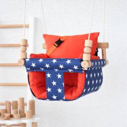 Handmade Baby Swing Navy Star Fabric, Orange Pillows, Montessori Design - thumbnail 2