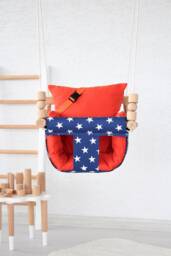 Handmade Baby Swing Navy Star Fabric, Orange Pillows, Montessori Design - thumbnail 1