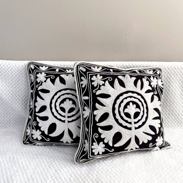 Cotton Cushion/Pillow Cover Embroidered, 16 X 16 Inches.black Floral Motif, Suzani - image 1