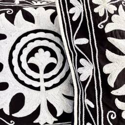 Cotton Cushion/Pillow Cover Embroidered, 16 X 16 Inches.black Floral Motif, Suzani - thumbnail 3