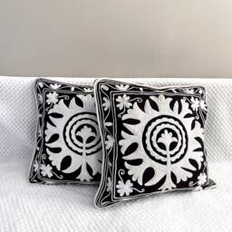 Cotton Cushion/Pillow Cover Embroidered, 16 X 16 Inches.black Floral Motif, Suzani - thumbnail 1