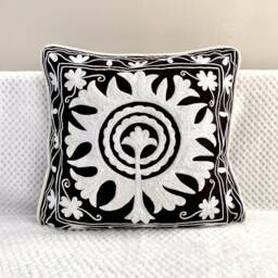 Cotton Cushion/Pillow Cover Embroidered, 16 X 16 Inches.black Floral Motif, Suzani - thumbnail 2
