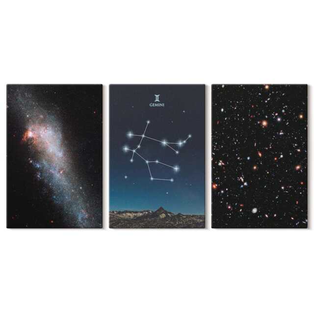 Set Of 3 Canvas Prints - Gemini Zodiac Sign Galaxy Space Stars, Navy Wall Art Large, & Astrology Hanging Piece - image 1