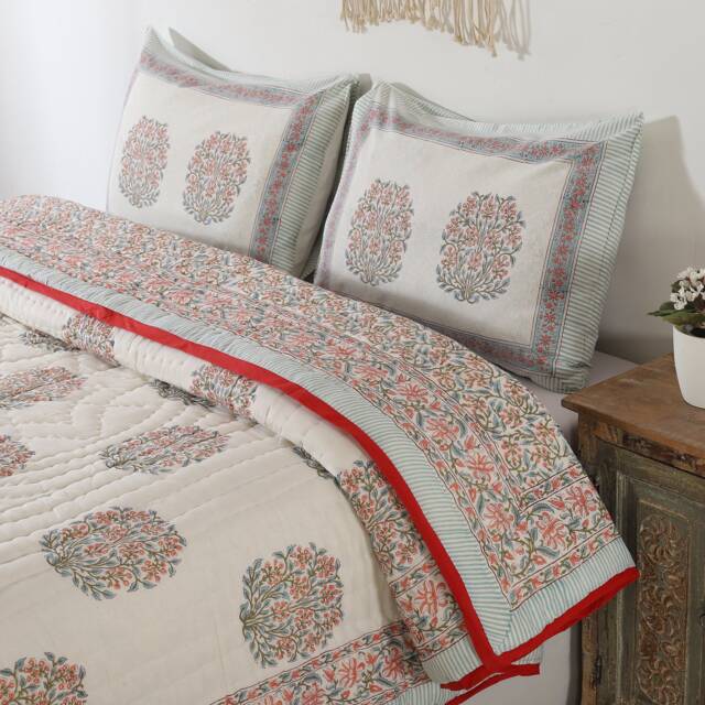 Hand Block Print Indian Traditional Ethnic Handmade Cotton Light Weight Reversible Razai Quilt Throw Natural Floral Printed Blanket Coverlet - image 1