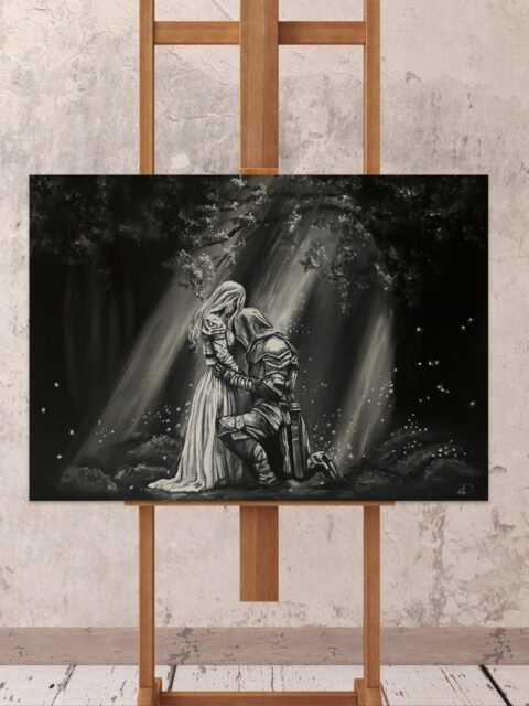 A Knight's Promise - Original Oil Painting, Fantasy Romance Art, Black & White Knight & Woman, 30 X 40 cm Canvas - image 1