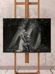 A Knight's Promise - Original Oil Painting, Fantasy Romance Art, Black & White Knight & Woman, 30 X 40 cm Canvas - thumbnail 1