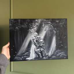 A Knight's Promise - Original Oil Painting, Fantasy Romance Art, Black & White Knight & Woman, 30 X 40 cm Canvas - thumbnail 2