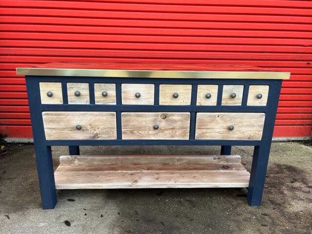 Rustic Haberdashery Style Kitchen Breakfast Bar Island With Brass Top - image 1