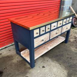 Rustic Haberdashery Style Kitchen Breakfast Bar Island With Brass Top - thumbnail 2