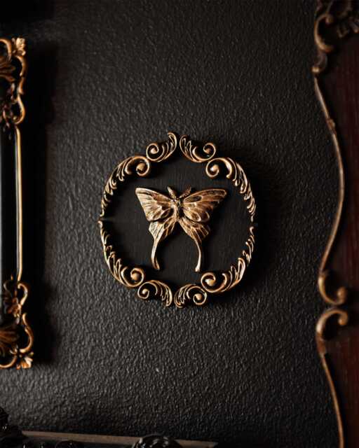 Ornate Luna Moth Style Round Wall Decor/Handmade Gothic Gallery Gap Filler By House Of Persephone Silver Or Gold Small Entomology - image 1