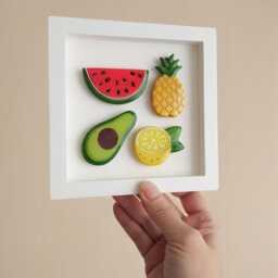 3D Fruit Wall Art, Handmade Clay Decor in White Wood Frame, Kitchen Hanging, Avocado Watermelon Pineapple Lemon Gift, Tropical Nursery