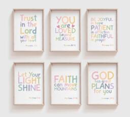Set Of 6 Bible Verse Prints, Kids Christian Wall Art, Girls Nursery Bedroom, Scripture Boys Art - thumbnail 1