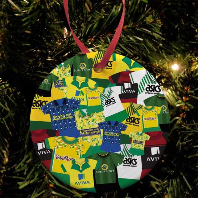 Norwich Kit Mash Retro Shirt Christmas Tree Decoration Bauble Flat Ceramic Great Gift City Etc Printed in The UK