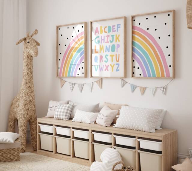 Playroom Prints, Alphabet Poster, Set Of 3 Girls Playroom, Pastel & Bright Options, Learning, Educational, Abc, Unframed - image 1