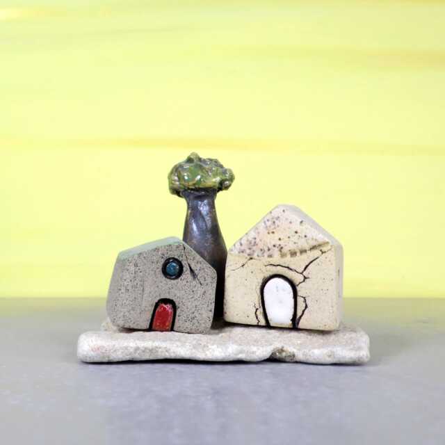 Handmade Clay Houses Sculpture, Natural Stone Base, Home Decor - image 1