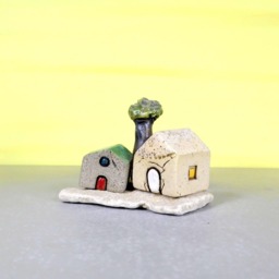 Handmade Clay Houses Sculpture, Natural Stone Base, Home Decor - thumbnail 3