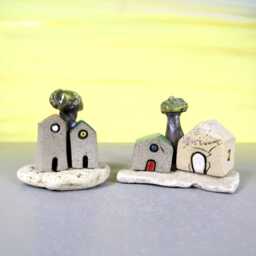 Handmade Clay Houses Sculpture, Natural Stone Base, Home Decor - thumbnail 4