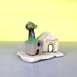Handmade Clay Houses Sculpture, Natural Stone Base, Home Decor - thumbnail 2