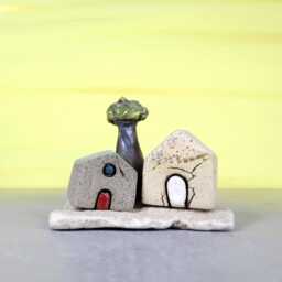 Handmade Clay Houses Sculpture, Natural Stone Base, Home Decor - thumbnail 1