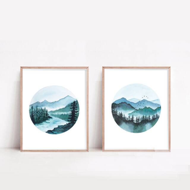 Set Of 2 Mountain Lake Watercolor Wall Arts, Canadian Landscape Print, Scandinavian Nature Decor - image 1