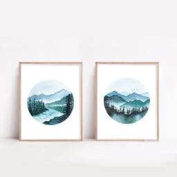 Set Of 2 Mountain Lake Watercolor Wall Arts, Canadian Landscape Print, Scandinavian Nature Decor - thumbnail 1