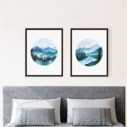 Set Of 2 Mountain Lake Watercolor Wall Arts, Canadian Landscape Print, Scandinavian Nature Decor - thumbnail 2